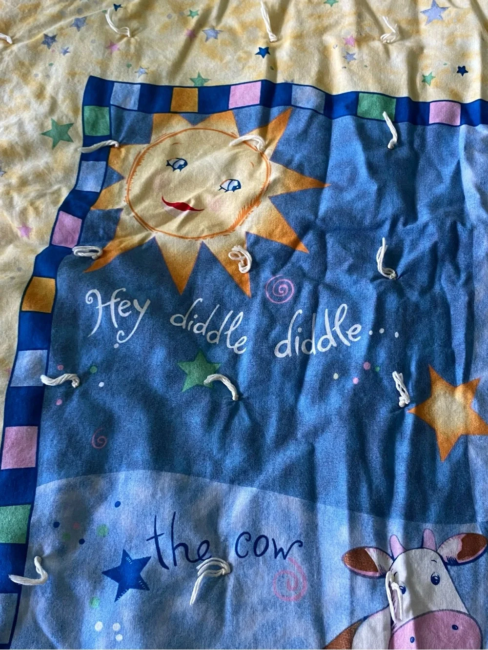 Vtg Hey Diddle Diddle Nursery Rhyme Baby Blanket Stars Cow Celestial Moon Dog